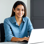 A professional Brazilian female digital content creator, late 20s, with a warm and inviting expression. She is wearing modest, contemporary casual clothing, such as a stylish blouse and well-fitting jeans. She is seated comfortably in a brightly lit, modern home studio, with a laptop displaying positive comments and a subtle professional camera setup in the background. Her posture is natural, and her well-formed hands are gently resting on the keyboard, conveying a sense of genuine engagement and connection with her audience. Professional photography, high-resolution, soft studio lighting, natural colors, safe for work, appropriate content, fully clothed, modest clothing, family-friendly, perfect anatomy, correct proportions, natural pose, well-formed hands, proper finger count, natural body proportions.