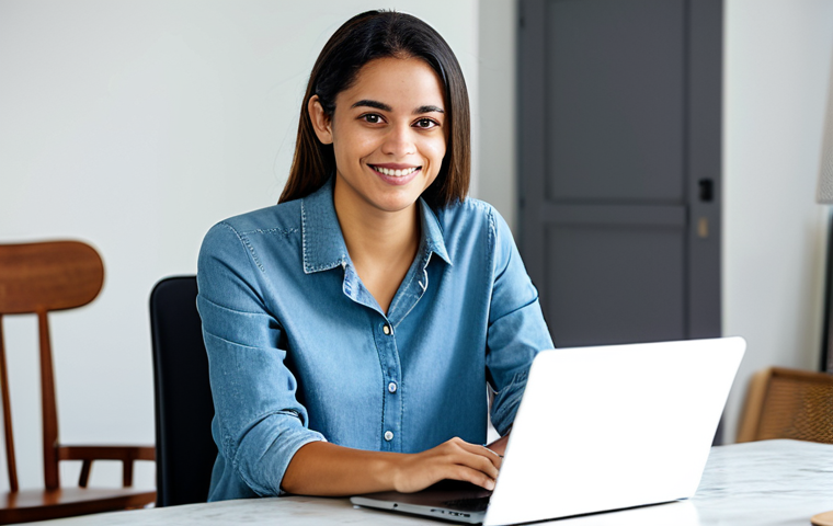 A professional Brazilian female digital content creator, late 20s, with a warm and inviting expression. She is wearing modest, contemporary casual clothing, such as a stylish blouse and well-fitting jeans. She is seated comfortably in a brightly lit, modern home studio, with a laptop displaying positive comments and a subtle professional camera setup in the background. Her posture is natural, and her well-formed hands are gently resting on the keyboard, conveying a sense of genuine engagement and connection with her audience. Professional photography, high-resolution, soft studio lighting, natural colors, safe for work, appropriate content, fully clothed, modest clothing, family-friendly, perfect anatomy, correct proportions, natural pose, well-formed hands, proper finger count, natural body proportions.