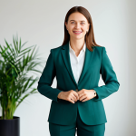 A professional female leader with an authentic, empathetic expression, dressed in a modest, modern business casual outfit, including a well-fitted blazer and trousers. She is in a brightly lit, contemporary office space with soft natural light, appearing to genuinely connect with an unseen individual. The background features a clean, minimalist design with subtle green plants, conveying a human-centered and trustworthy brand. perfect anatomy, correct proportions, natural pose, well-formed hands, proper finger count, natural body proportions, professional photography, high quality, safe for work, appropriate content, fully clothed, professional dress, modest clothing.