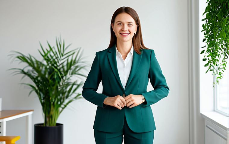 A professional female leader with an authentic, empathetic expression, dressed in a modest, modern business casual outfit, including a well-fitted blazer and trousers. She is in a brightly lit, contemporary office space with soft natural light, appearing to genuinely connect with an unseen individual. The background features a clean, minimalist design with subtle green plants, conveying a human-centered and trustworthy brand. perfect anatomy, correct proportions, natural pose, well-formed hands, proper finger count, natural body proportions, professional photography, high quality, safe for work, appropriate content, fully clothed, professional dress, modest clothing.
