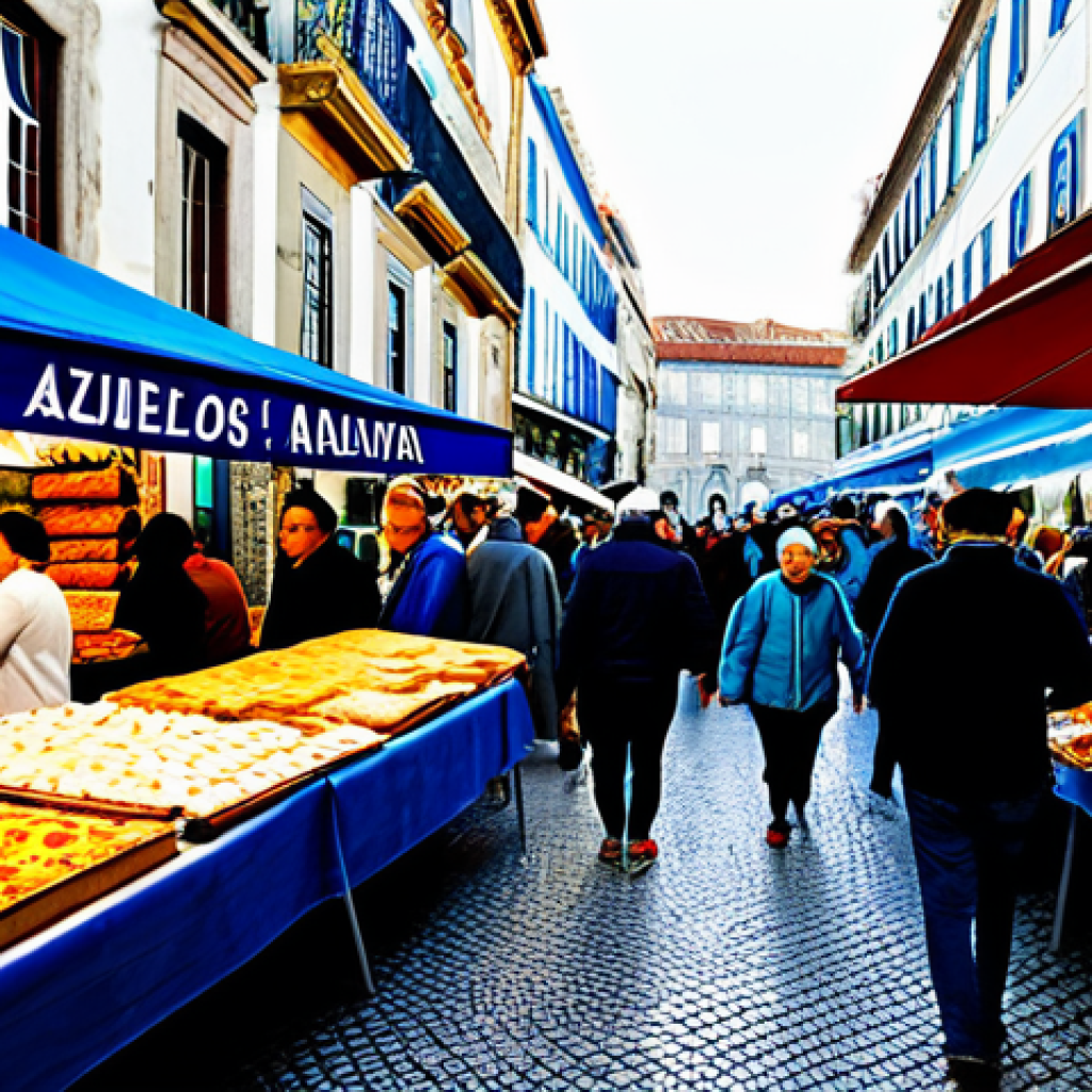 **
A vibrant scene of a bustling open-air market in Lisbon, Portugal. Vendors are selling colorful tiles (azulejos), fresh pastries (pastéis de nata), and local crafts. Shoppers, dressed in everyday modest clothing, are browsing the stalls. In the background, a glimpse of the historic architecture of Lisbon. Focus on capturing the lively atmosphere and the richness of Portuguese culture.
*safe for work*, *appropriate content*, *fully clothed*, *family-friendly*, *professional photography*, *high quality*, *perfect anatomy*, *natural proportions*.
**