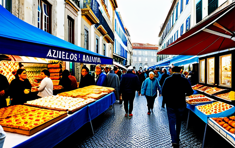 **
A vibrant scene of a bustling open-air market in Lisbon, Portugal. Vendors are selling colorful tiles (azulejos), fresh pastries (pastéis de nata), and local crafts. Shoppers, dressed in everyday modest clothing, are browsing the stalls. In the background, a glimpse of the historic architecture of Lisbon. Focus on capturing the lively atmosphere and the richness of Portuguese culture.
*safe for work*, *appropriate content*, *fully clothed*, *family-friendly*, *professional photography*, *high quality*, *perfect anatomy*, *natural proportions*.
**