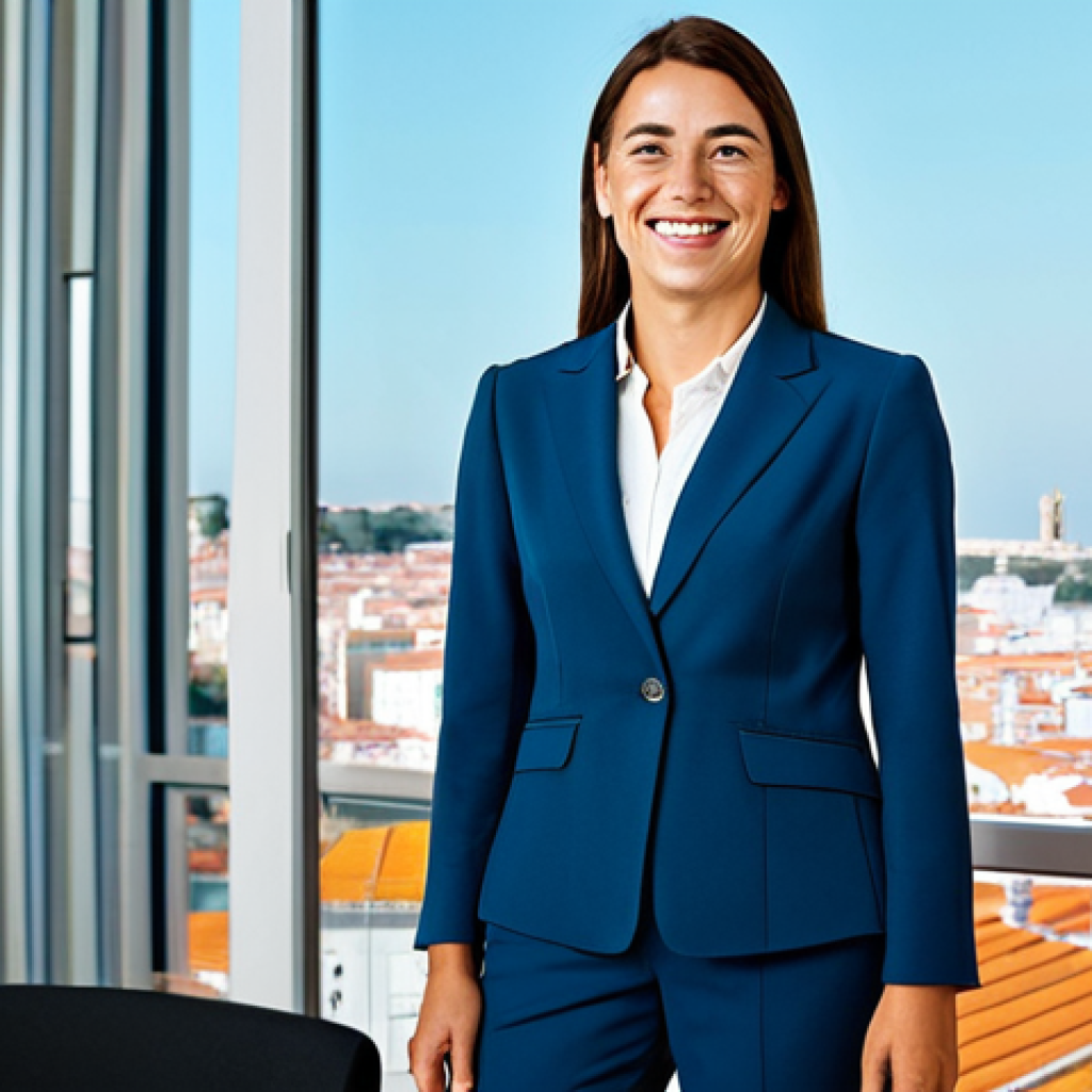 Business Success**
"A professional businesswoman in a modest tailored suit, smiling confidently in a bright, modern office overlooking Lisbon, Portugal, fully clothed, appropriate attire, safe for work, perfect anatomy, natural proportions, professional photography, high quality."
**