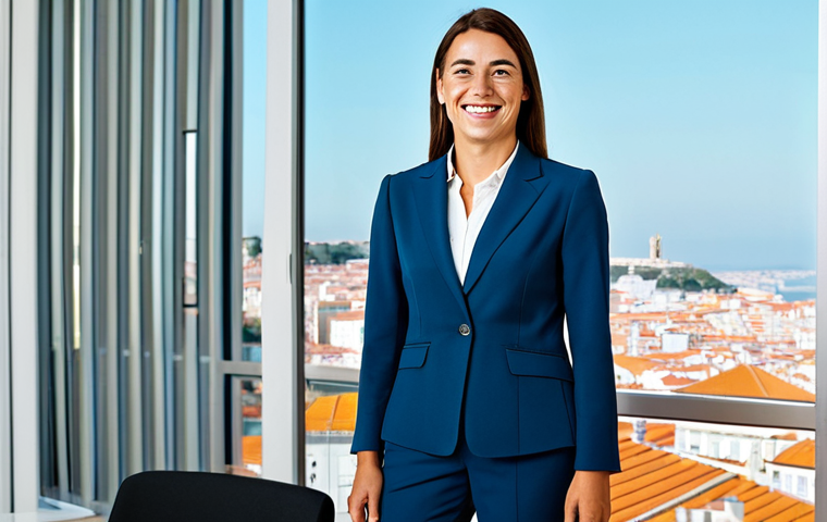 Business Success**
"A professional businesswoman in a modest tailored suit, smiling confidently in a bright, modern office overlooking Lisbon, Portugal, fully clothed, appropriate attire, safe for work, perfect anatomy, natural proportions, professional photography, high quality."
**