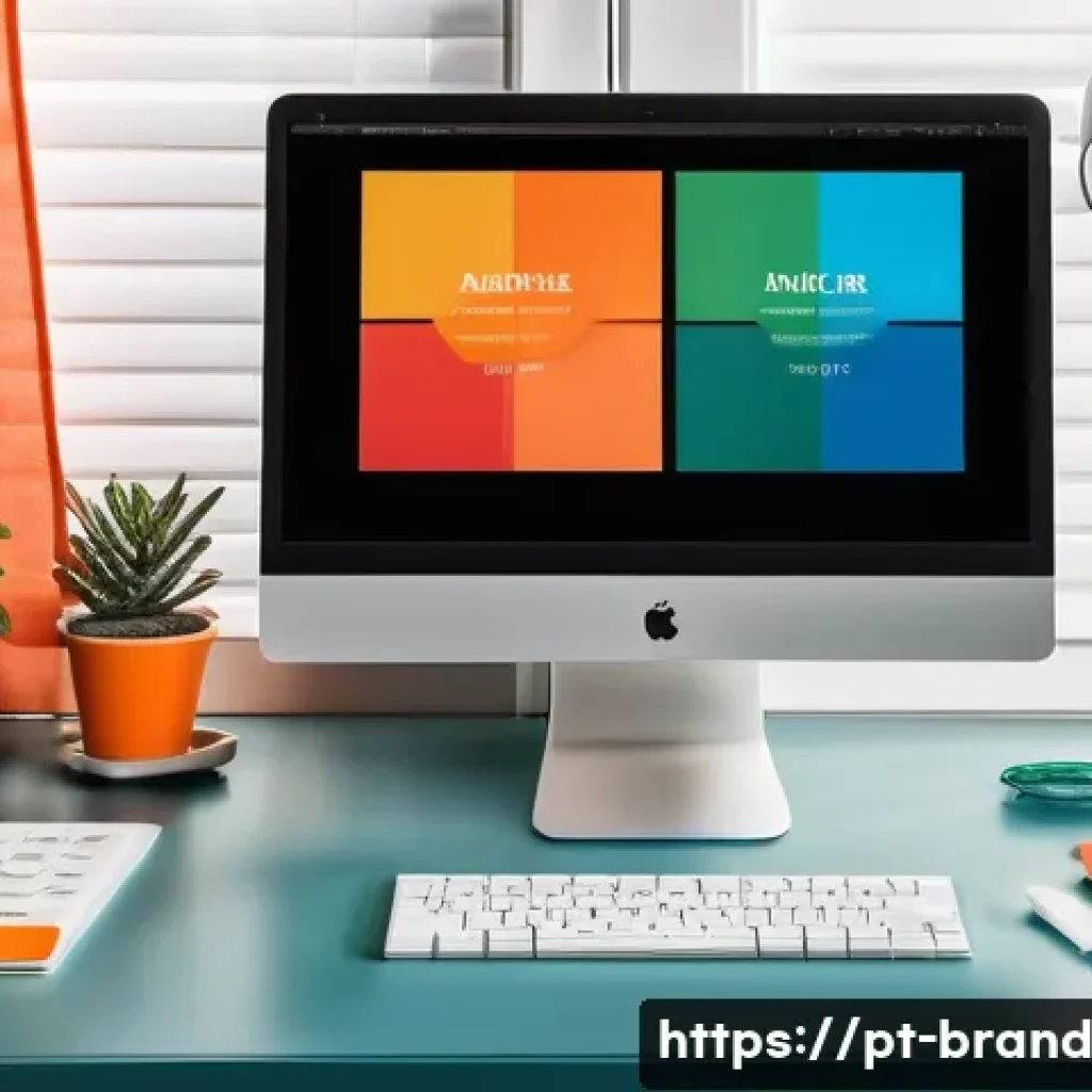 브랜드 아이덴티티를 위한 디자인 가이드라인 - A modern branding studio workspace showcasing a designer’s desk with a vibrant, well-structured colo...