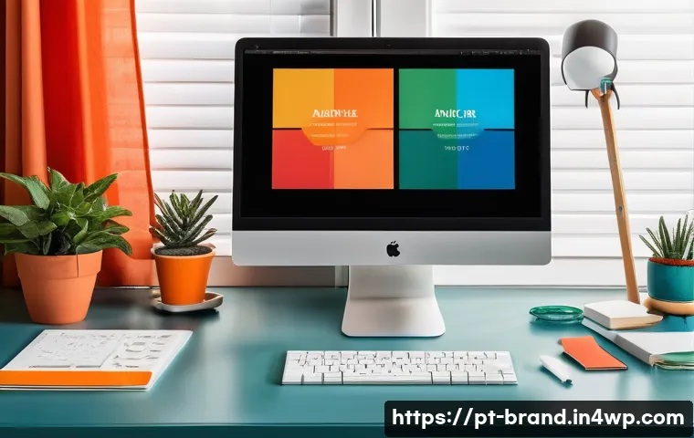 브랜드 아이덴티티를 위한 디자인 가이드라인 - A modern branding studio workspace showcasing a designer’s desk with a vibrant, well-structured colo...