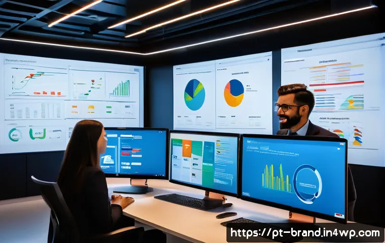 브랜딩을 위한 고객 여정 맵 만들기 - A detailed, modern office environment where a diverse marketing team is collaboratively analyzing cu...