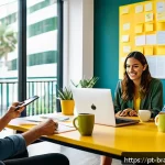 Home 18 온라인 브랜드 보이스 구축하기 - A modern digital workspace scene showing a diverse marketing team of young Brazilian professionals c...