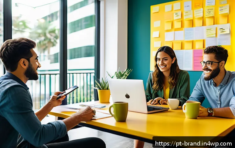 온라인 브랜드 보이스 구축하기 - A modern digital workspace scene showing a diverse marketing team of young Brazilian professionals c...