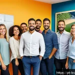 Home 23 브랜드의 경쟁 우위를 위한 차별화 전략 - A vibrant office scene showcasing a diverse team of Brazilian professionals collaborating enthusiast...