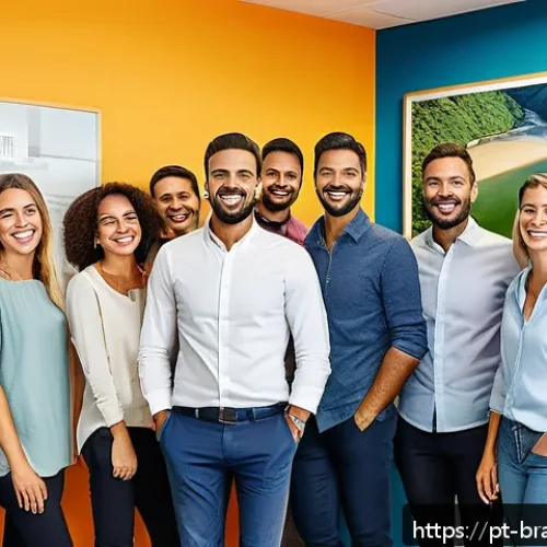 Home 17 브랜드의 경쟁 우위를 위한 차별화 전략 - A vibrant office scene showcasing a diverse team of Brazilian professionals collaborating enthusiast...